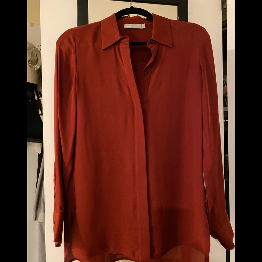 Vince Collared Long Sleeve Button Up Blouse- Red